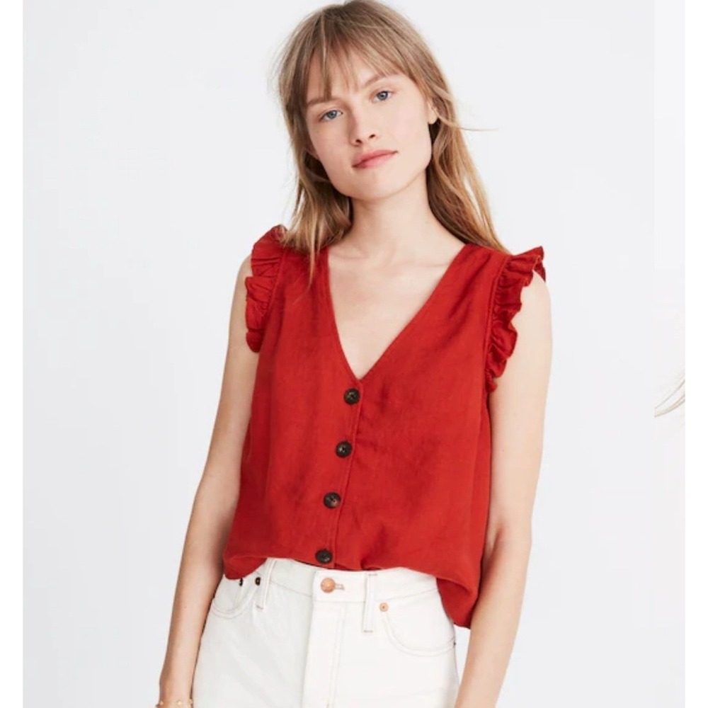 Madewell Womens Linen Blend Top Size 2 Rust Ruffle Sleeve Button Front V-Neck